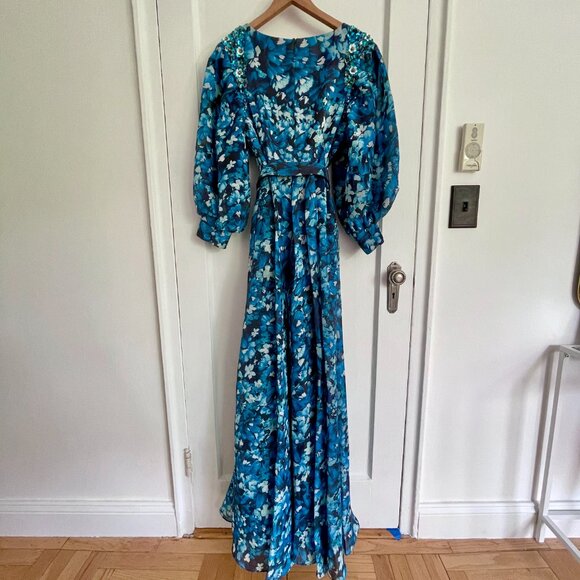 Badgley Mischka Blue Print Puff Sleeve Gown, Size 10 (NWT) - Picture 6 of 11